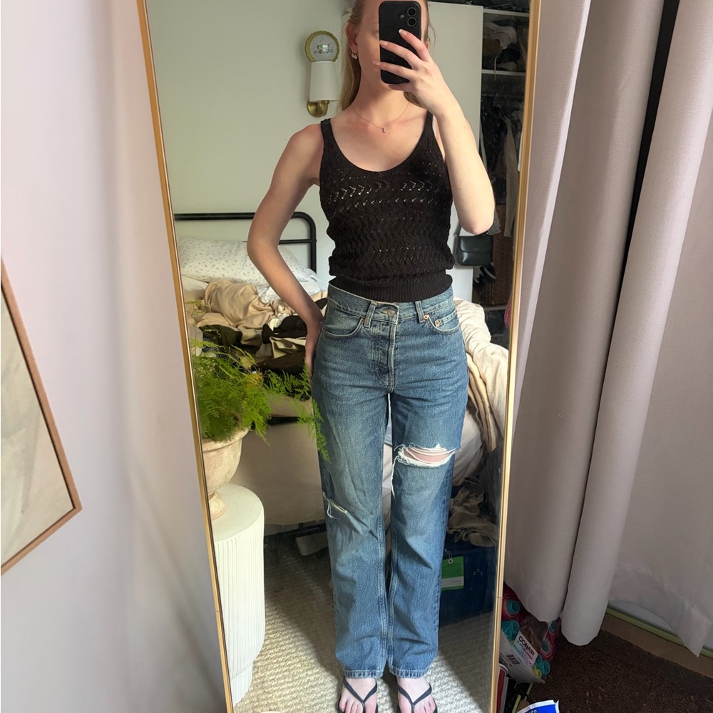 Topshop Blue Straight-Leg Jeans with Knee Rips